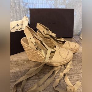 Prada Espadrilles/Wedge Sandals with Logo in Beige/Natural. Worn only twice.